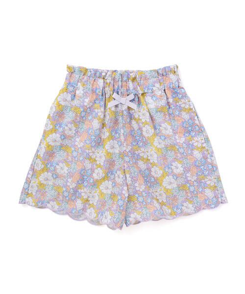 SLAP SLIP / スラップ スリップ ショート・ハーフ・半端丈パンツ | 裾スカラップシャンブレー&花柄ショートパンツ(90~130cm)（パープル系）