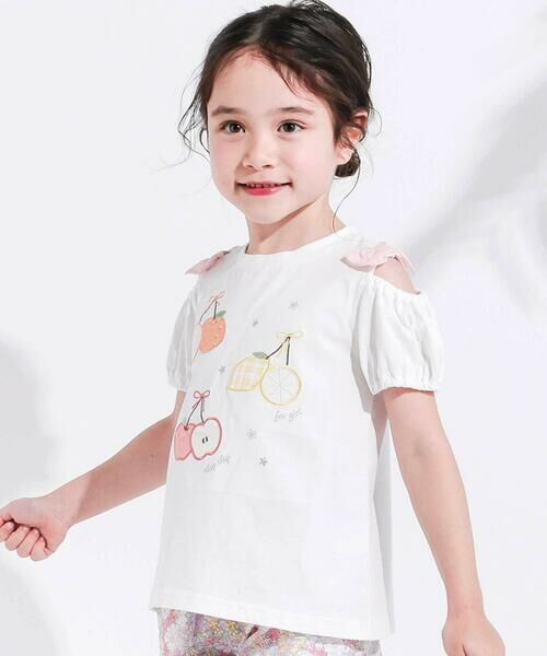 SLAP SLIP / スラップ スリップ Tシャツ | 【接触冷感】肩開きフルーツパッチ半袖Tシャツ(80~130cm)（ホワイト）