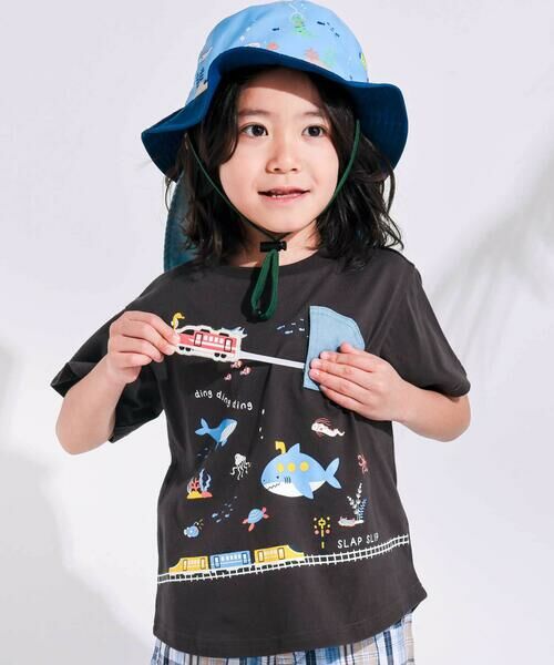 SLAP SLIP / スラップ スリップ Tシャツ | 【接触冷感】海の仲間電車モチーフ半袖Tシャツ(80~130cm)（ブラック）
