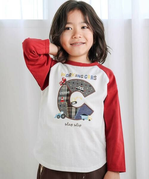 SLAP SLIP / スラップ スリップ Tシャツ | ロゴパッチ刺しゅうラグラン長袖Tシャツ(80~130cm)（レッド）