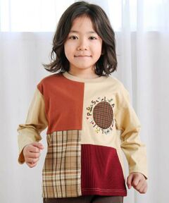 SLAP SLIP / スラップ スリップ Tシャツ | 【お揃い】モチーフ刺しゅうチェック切り替え長袖Tシャツ(80~130cm)