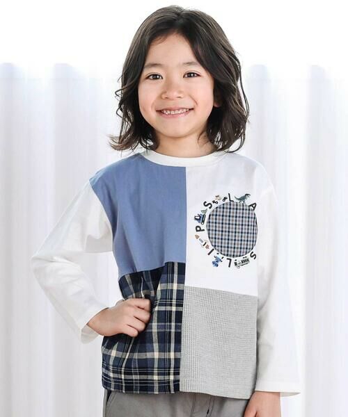 SLAP SLIP / スラップ スリップ Tシャツ | 【お揃い】モチーフ刺しゅうチェック切り替え長袖Tシャツ(80~130cm)（オフホワイト）