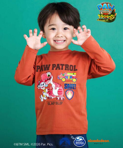 SLAP SLIP / スラップ スリップ Tシャツ | 【パウ・パトロール×SLAPSLIP】無地＆袖切り替えプリント長袖Tシャツ(90~130cm)（オレンジ）