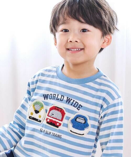 SLAP SLIP / スラップ スリップ Tシャツ | 電車モチーフサガラ刺しゅうボーダー柄長袖Tシャツ(80~130cm) | 詳細3