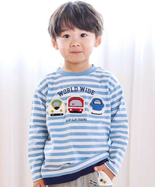 SLAP SLIP / スラップ スリップ Tシャツ | 電車モチーフサガラ刺しゅうボーダー柄長袖Tシャツ(80~130cm)（ブルー系）