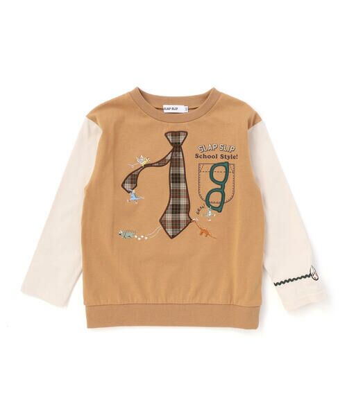 SLAP SLIP / スラップ スリップ Tシャツ | ネクタイメガネパッチ袖切り替え長袖Tシャツ(80~130cm)（ベージュ）