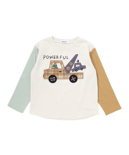 SLAP SLIP / スラップ スリップ Tシャツ | 乗り物プリント袖切り替え長袖Tシャツ(80~130cm)(オフホワイト)