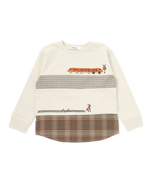 SLAP SLIP / スラップ スリップ Tシャツ | 電車モチーフチェック切り替え長袖Tシャツ(80~130cm)(オフホワイト)