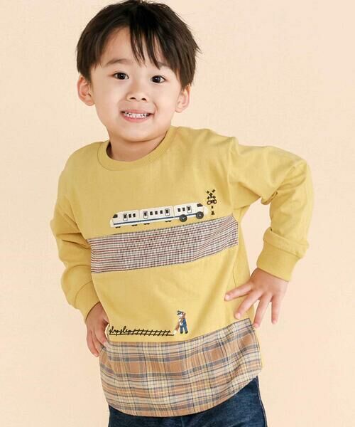 SLAP SLIP / スラップ スリップ Tシャツ | 電車モチーフチェック切り替え長袖Tシャツ(80~130cm)(イエロー)