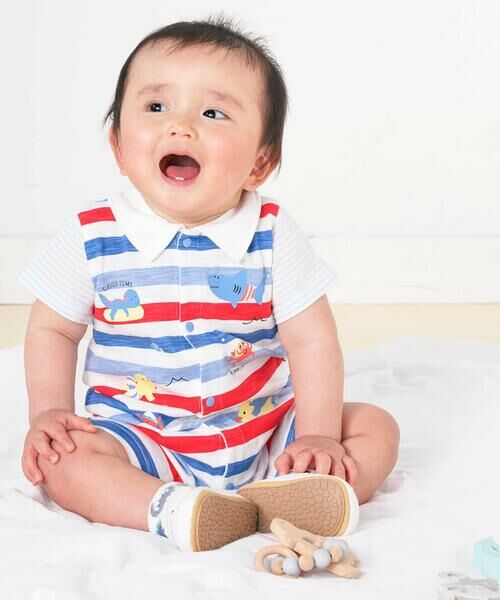 SLAP SLIP BABY / スラップ スリップ ベビー ロンパース | 【お揃い】いろいろ生き物プリントボーダー切り替え襟付きロンパースベビー(60~80cm) | 詳細1