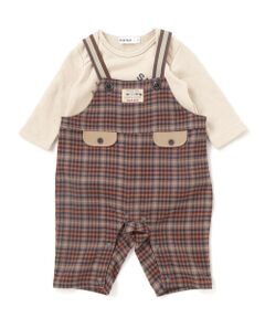 SLAP SLIP BABY / スラップ スリップ ベビー ロンパース | アニマルイヌ恐竜プリントボディミニ+チェックサロペット(70~80cm)