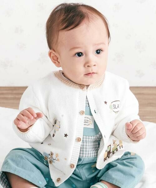 SLAP SLIP BABY / スラップ スリップ ベビー ベビー・キッズウエア | 恐竜アニマルのりもの刺しゅう配色ニットカーディガンベビー(70~80cm)（オフホワイト）