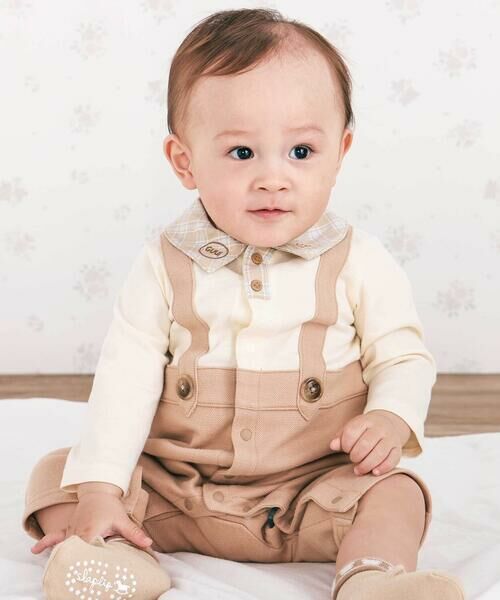 SLAP SLIP BABY / スラップ スリップ ベビー ロンパース | アニマルクマさんおしりパッチサロペット重ね着風カバーオールベビー(70~80cm)（ベージュ）