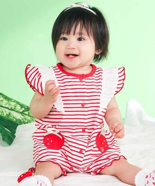 SLAP SLIP BABY / スラップ スリップ ベビー ロンパース | 【お揃い】フルーツパッチボーダー柄カバーオールベビー(60~80cm)（レッド系）