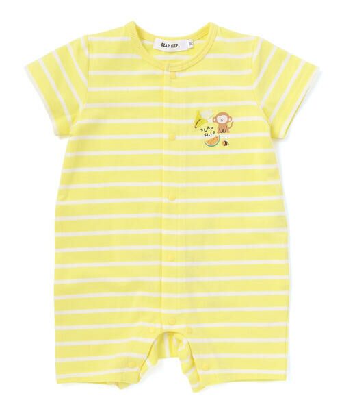 SLAP SLIP BABY / スラップ スリップ ベビー ロンパース | 【お揃い】お尻フルーツモチーフパッチボーダー天竺カバーオールベビー(60~80cm)（イエロー系）