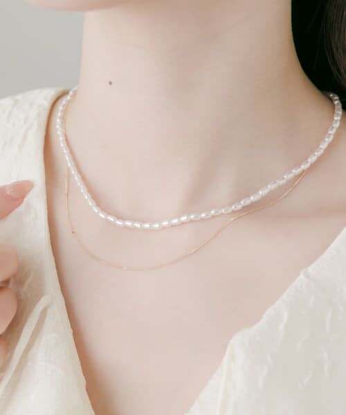 【Hei】baguette layered necklace〜ネックレス★2021春コレ セール】 パールハートチェーンレイヤードネックレス