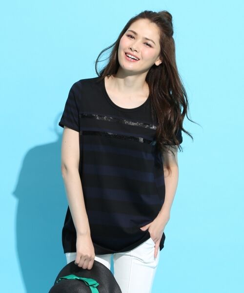 SONIA RYKIEL カットソー セール】 【秋色夏素材】バイカラーボーダーパネルチュニック