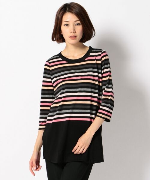 ＊＊SONIA RYKIEL COLLECTION / ソニア リキエル コレクション Tシャツ | マルチボーダーノアールパネル カットソー（ローズ系5）