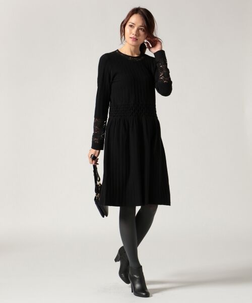 **SONIA RYKIEL COLLECTION / ソニア リキエル コレクション ミニ丈・ひざ丈ワンピース | 【洗える】レーシィタックギャザー ワンピース(ブラック系)