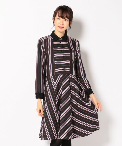 セール】 ストライププリント ワンピース （ミニ丈・ひざ丈ワンピース