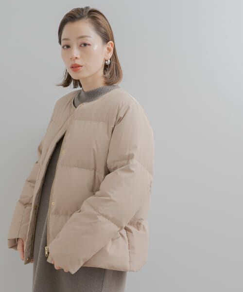 『SETアイテム』マフラー付ノーカラーグリーンダウンコート