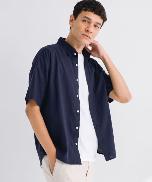 Sonny Label/サニーレーベル 接触冷感リネン混ハーフスリーブシャツ ネイビー L Sonny Label/サニーレーベル 接触冷感リネン混ハーフスリーブシャツ ネイビー L