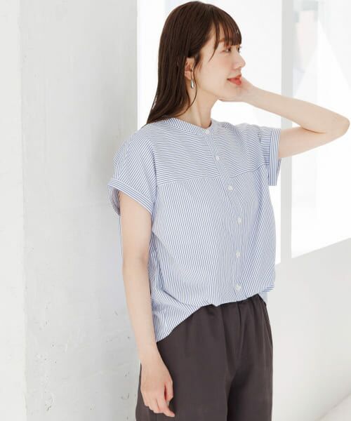 Sonny Label/サニーレーベル 『WEB限定』フロントタックフレンチスリーブシャツ WHT×BLU FREE Sonny Label/サニーレーベル 『WEB限定』フロントタックフレンチスリーブシャツ WHT×BLU FREE