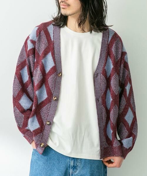 Sonny Label/サニーレーベル ジャガードVネックニットカーディガン ボルドー L