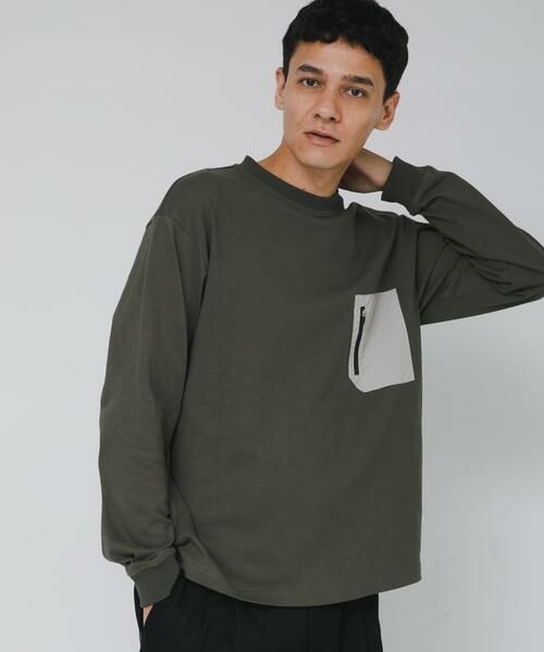 Sonny Label/サニーレーベル ヘビーウェイトナイロン布帛ポケットロングスリーブTシャツ カーキ M