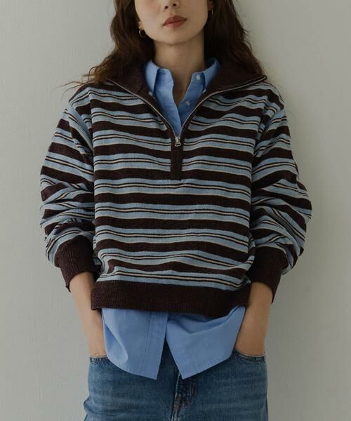 Sonny Label / サニーレーベル ニット・セーター | モールヤーンマルチボーダーハーフジッププルオーバー（ブラウン）