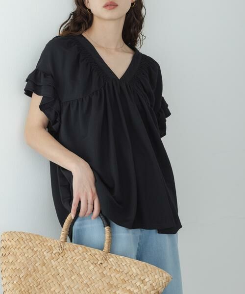 Sonny Label / サニーレーベル シャツ・ブラウス | シャーリングフリルスリーブプルオーバー（ブラック）