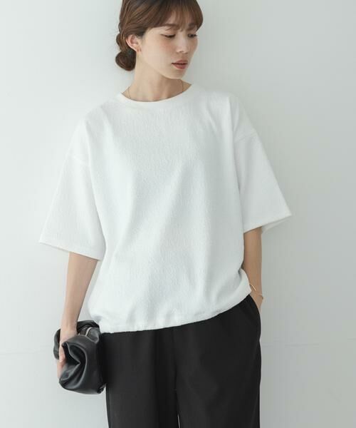 Sonny Label / サニーレーベル Tシャツ | カットジャガードドロスト五分袖プルオーバー（オフホワイト）