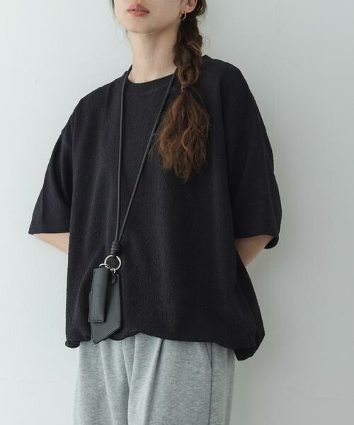 Sonny Label / サニーレーベル Tシャツ | カットジャガードドロスト五分袖プルオーバー（ブラック）