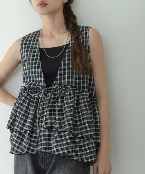 Sonny Label / サニーレーベル シャツ・ブラウス | サッカーチェックペプラムベストブラウス（ブラック）