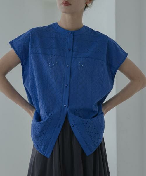 Sonny Label / サニーレーベル シャツ・ブラウス | バンドカラーコットンレースシャツ（ブルー）