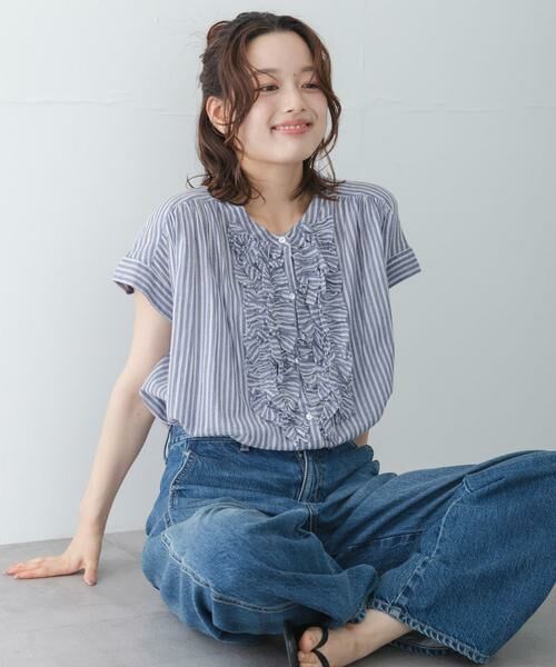 Sonny Label / サニーレーベル シャツ・ブラウス | ドビーストライプフリルフレンチシャツ（ブルー）