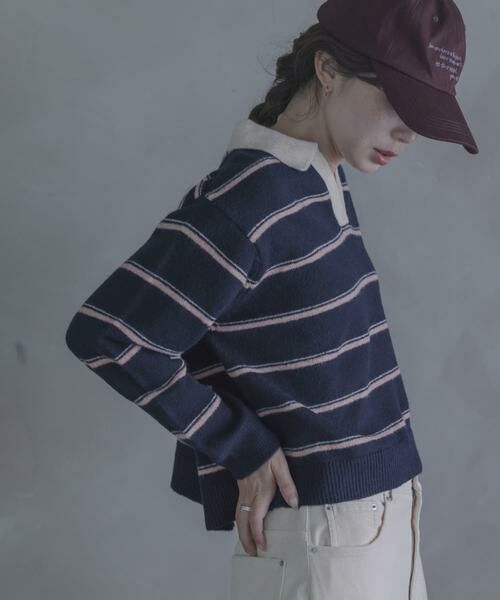Sonny Label / サニーレーベル ニット・セーター | ウールブレンドボーダーニットポロシャツ（ネイビー）