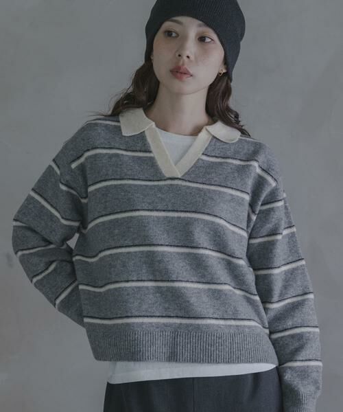 Sonny Label / サニーレーベル ニット・セーター | ウールブレンドボーダーニットポロシャツ | 詳細22