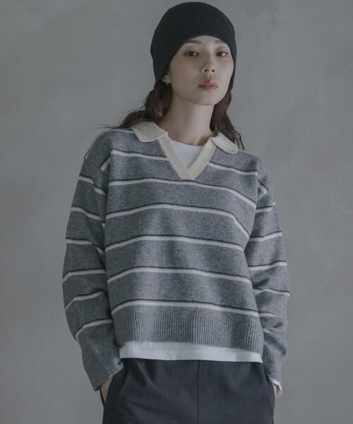 Sonny Label / サニーレーベル ニット・セーター | ウールブレンドボーダーニットポロシャツ | 詳細23