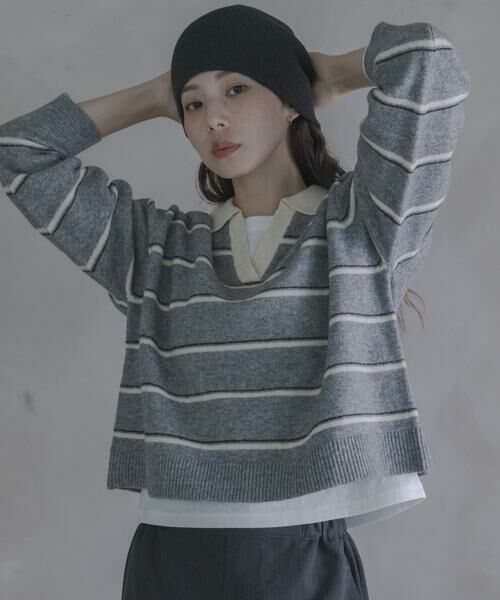 Sonny Label / サニーレーベル ニット・セーター | ウールブレンドボーダーニットポロシャツ（グレー）