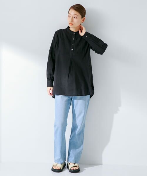 45R　フランネルシャツチュニック　フレアシルエット　千鳥格子　ゆったり　日本製 SARAHWEAR - インドファブリック 丸衿ブラウス Owl（ふくろう