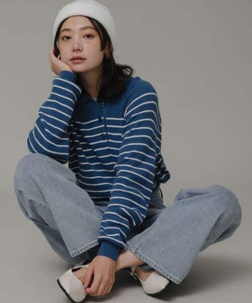 ＊＊Sonny Label / サニーレーベル ニット・セーター | ポロシャツニットボーダープルオーバー（BLU×OFF）