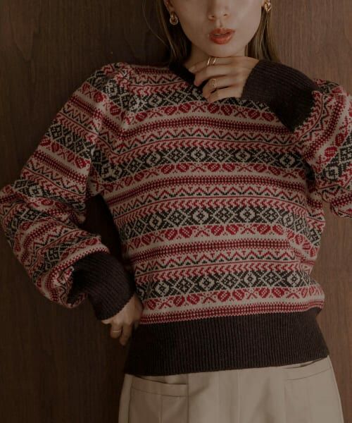 ＊＊Sonny Label / サニーレーベル ニット・セーター | フェアアイル柄パフスリニットプルオーバー（ブラウン系）