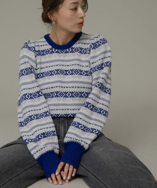 ＊＊Sonny Label / サニーレーベル ニット・セーター | フェアアイル柄パフスリニットプルオーバー（ブルー系）