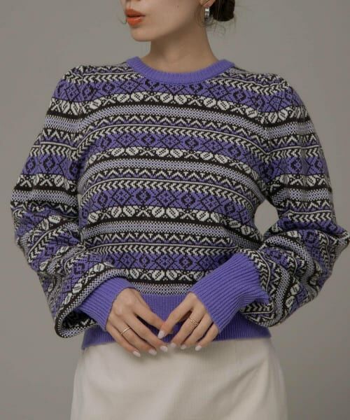 ＊＊Sonny Label / サニーレーベル ニット・セーター | フェアアイル柄パフスリニットプルオーバー（パープル系）