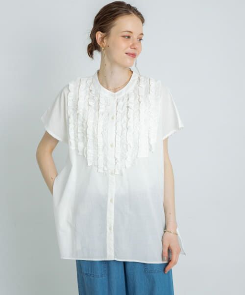 blanc ブラン　コラボ　ブラウス　lilyブラウス 新品 HANAE MORI×CELFORDコラボ】 パール付きフリルブラウス(ブラウス