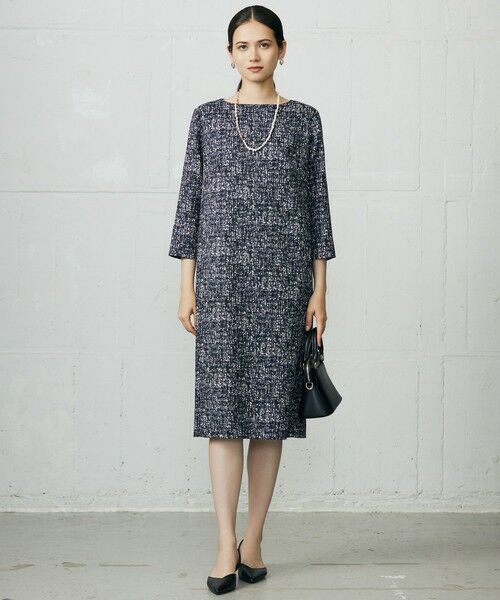 S size ONWARD(小さいサイズ)/エスサイズオンワード 【洗える】プリントジャガードストレッチ ワンピース [新色]ネイビー系5 32