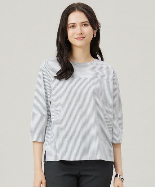 tシャツ ストライプコットンハイゲージフォルムスリーブ カットソー レディース セール】 【接触冷感・UVカット・洗える】ストライプコットン
