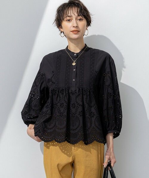 洗える】コットンエンブロイダリー クロップド ブラウス