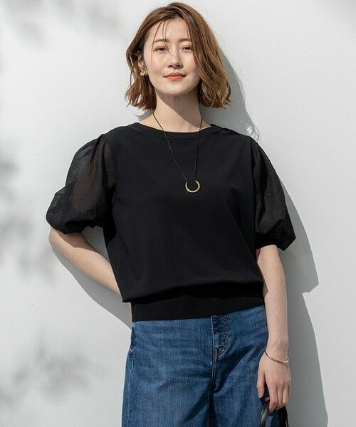 S size ONWARD(小さいサイズ)/エスサイズオンワード 【洗える】シアーチェッククロスコンビ ニット ブラック系 32 S size ONWARD(小さいサイズ)/エスサイズオンワード 【洗える】シアーチェッククロスコンビ ニット ブラック系 32